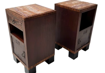 Two Art Deco Nightstands or Bedside Tables with Multi-Colored Marble Tops, 1930s